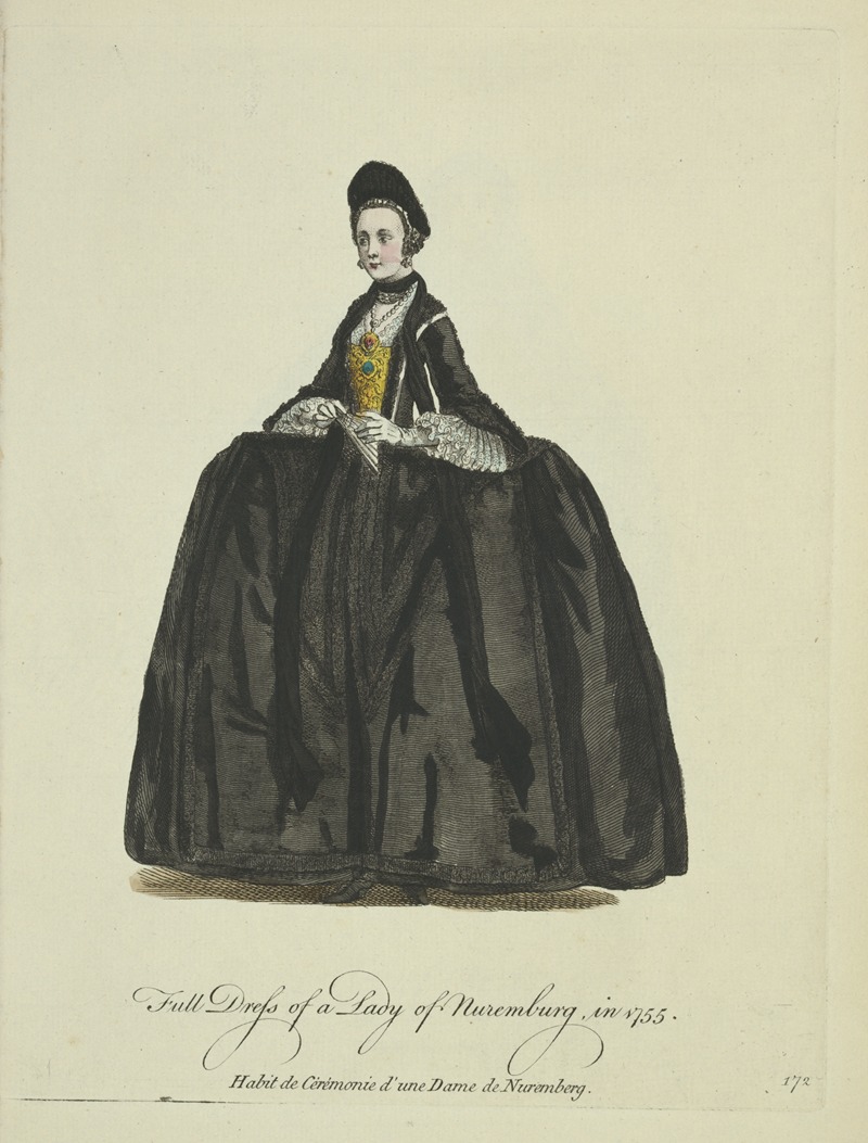 Charles Grignion - Full dress of a lady of Nuremburg in 1755. Habit de cérémonie d’une dame de Nuremberg.