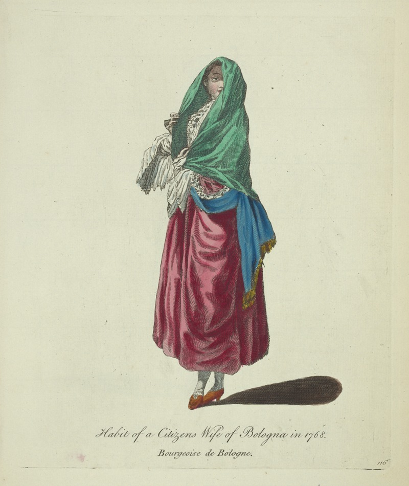 Charles Grignion - Habit of a citizen’s wife of Bologna in 1768. Bourgeoise de Bologne.