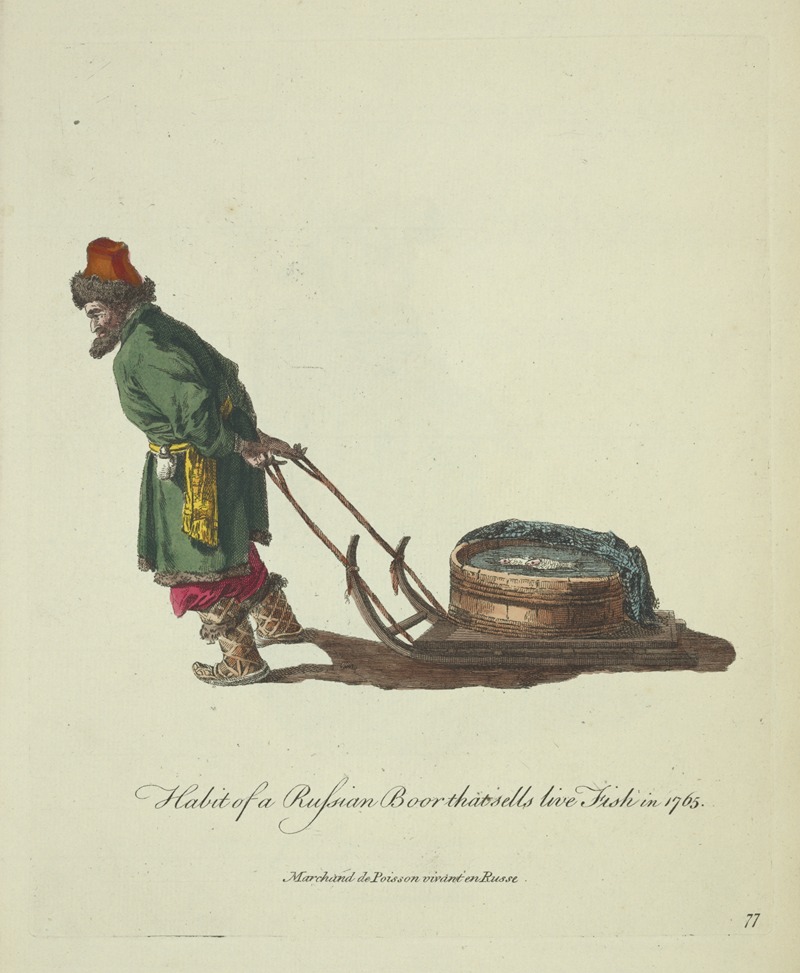 Charles Grignion - Habit of a Russian boor that sells live fish in 1765. Marchand de poisson vivant en Russe.