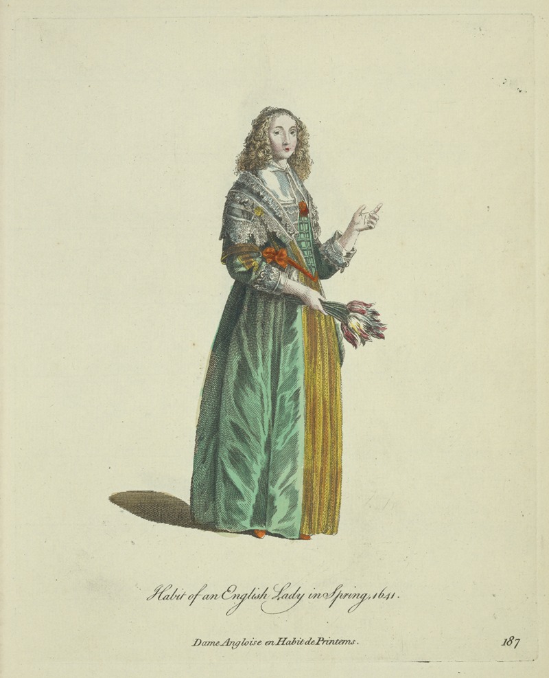 Charles Grignion - Habit of an English lady in spring, 1641. Dame Angloise en habit de printemps.