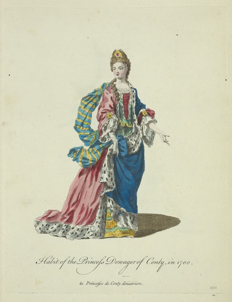 Charles Grignion - Habit of the Princess Dowager of Conty in 1700. La Princesse de Conty Douairiere.