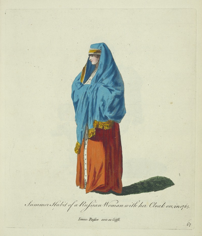 Charles Grignion - Summer habit of a Russian woman with her cloak on in 1765. Femme Russe avec sa coësse.