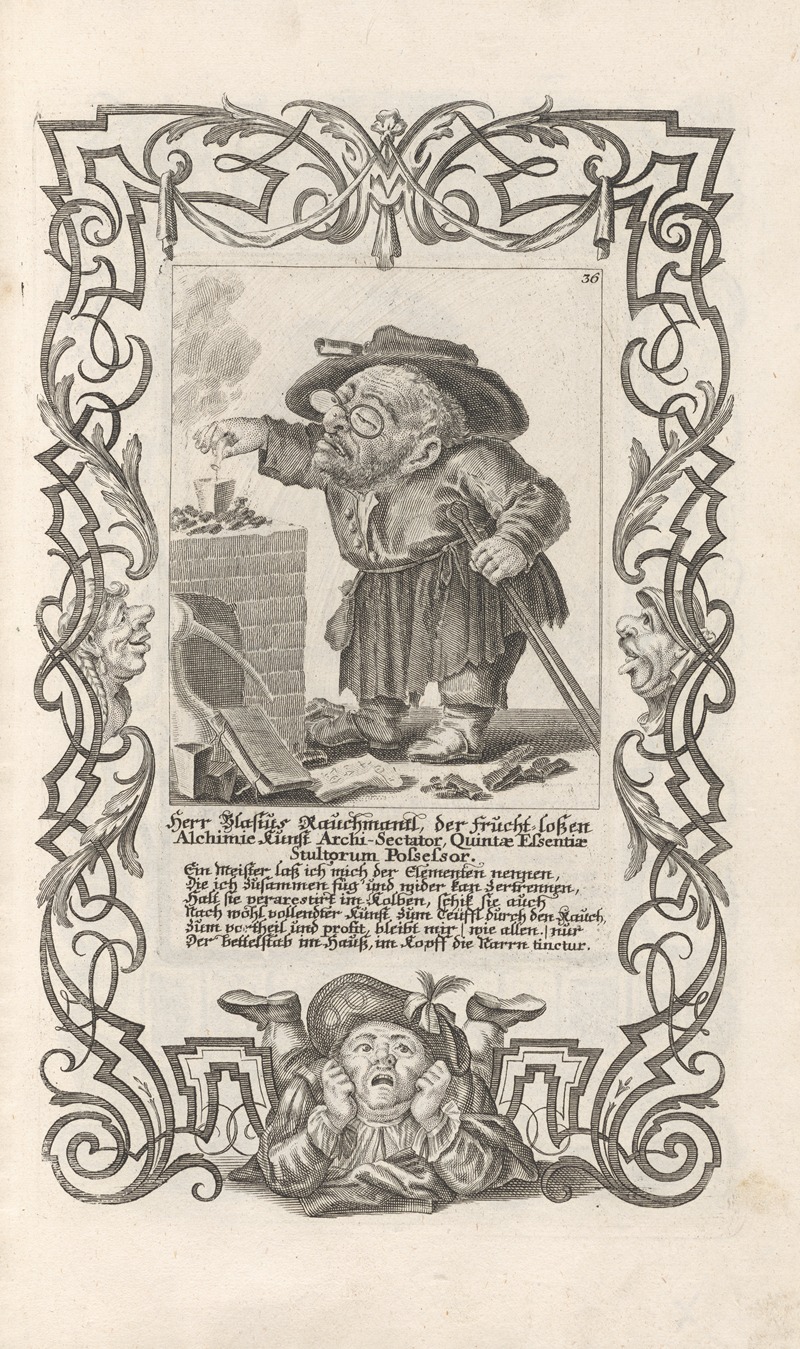 Elias Baeck - Herr Blasius Rauchmantl, der frucht-loßen Alchimie Kunst Archi-Sectator, Quintae Essentiae Stultorum Possessor, Pl. 36