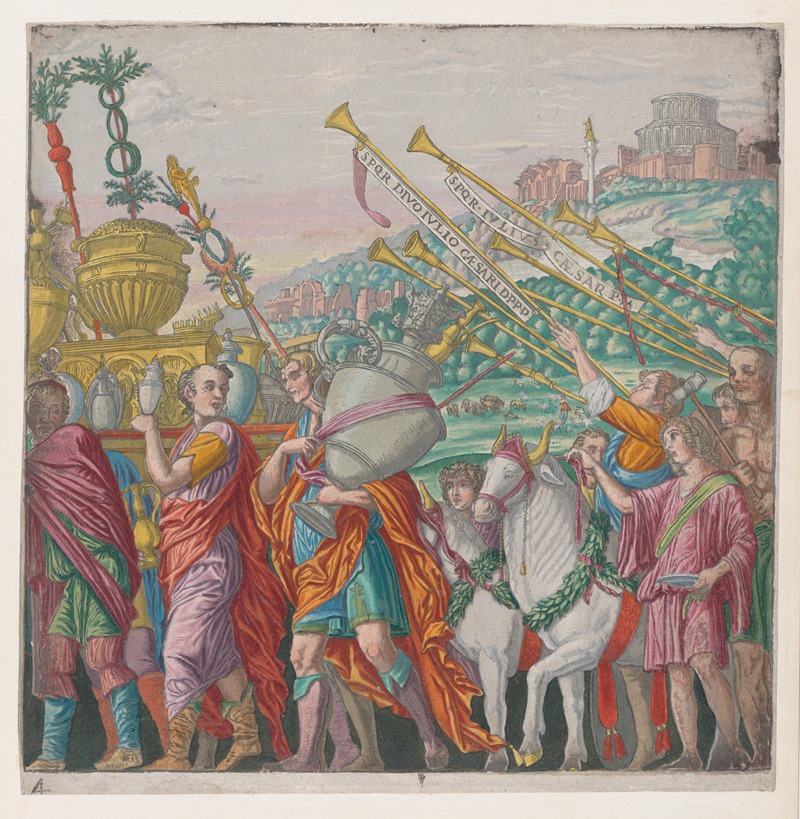 Andrea Mantegna - Men carrying trophies at left, trumpeters at right