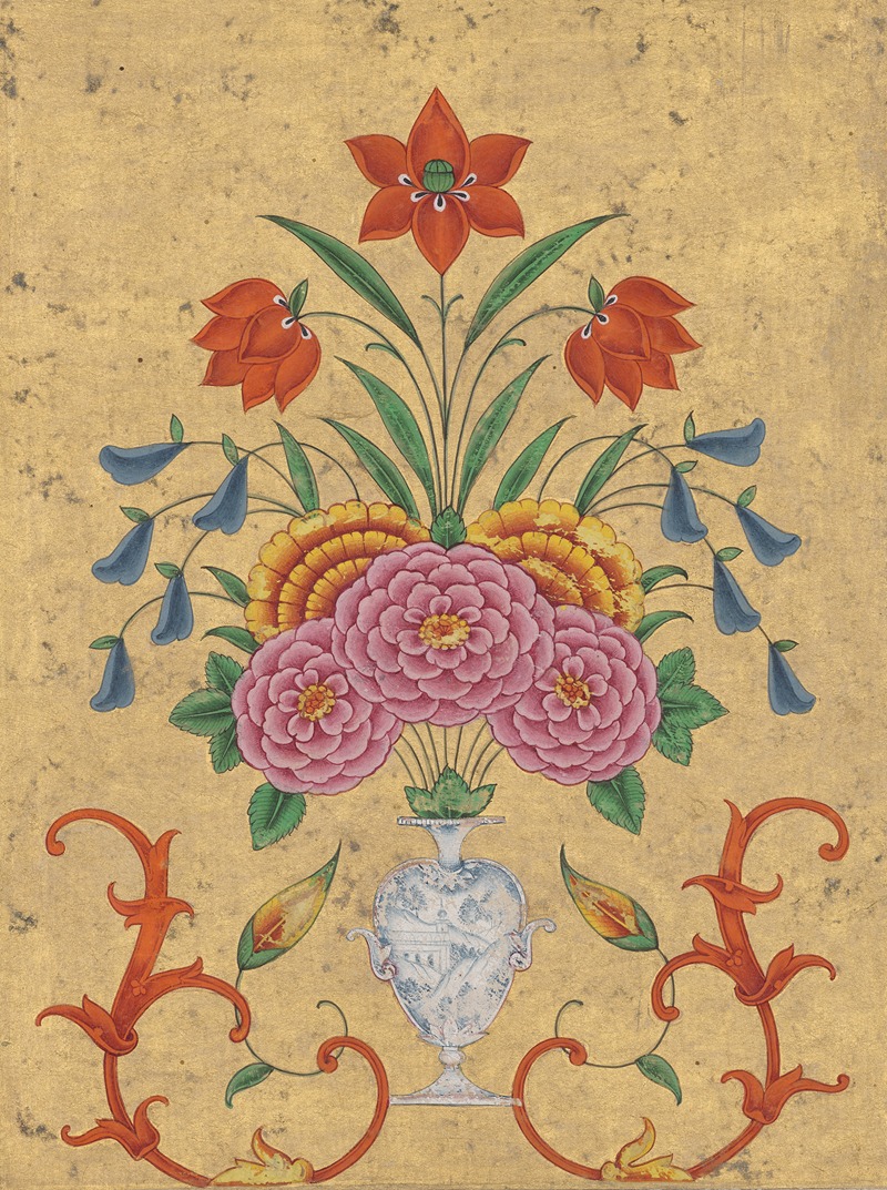 Anonymous - Vase with flower arrangement and scrollwork