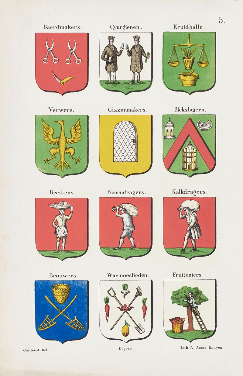 Auguste Ancot - Illustration Page from ‘De ambachten en neringen van Brugge’ by Gailliard; The Coats of Arms of the Guilds Plate 5.