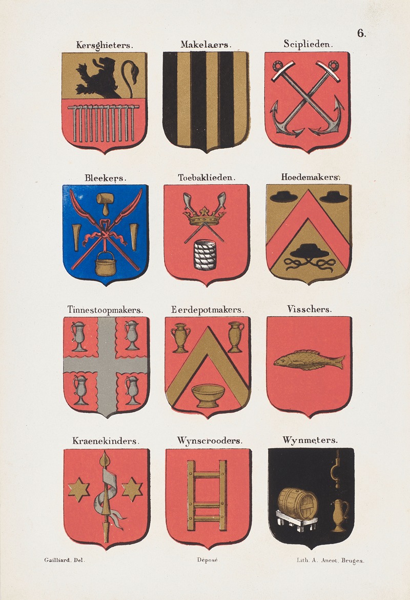 Auguste Ancot - Illustration Page from ‘De ambachten en neringen van Brugge’ by Gailliard; The Coats of Arms of the Guilds Plate 6.