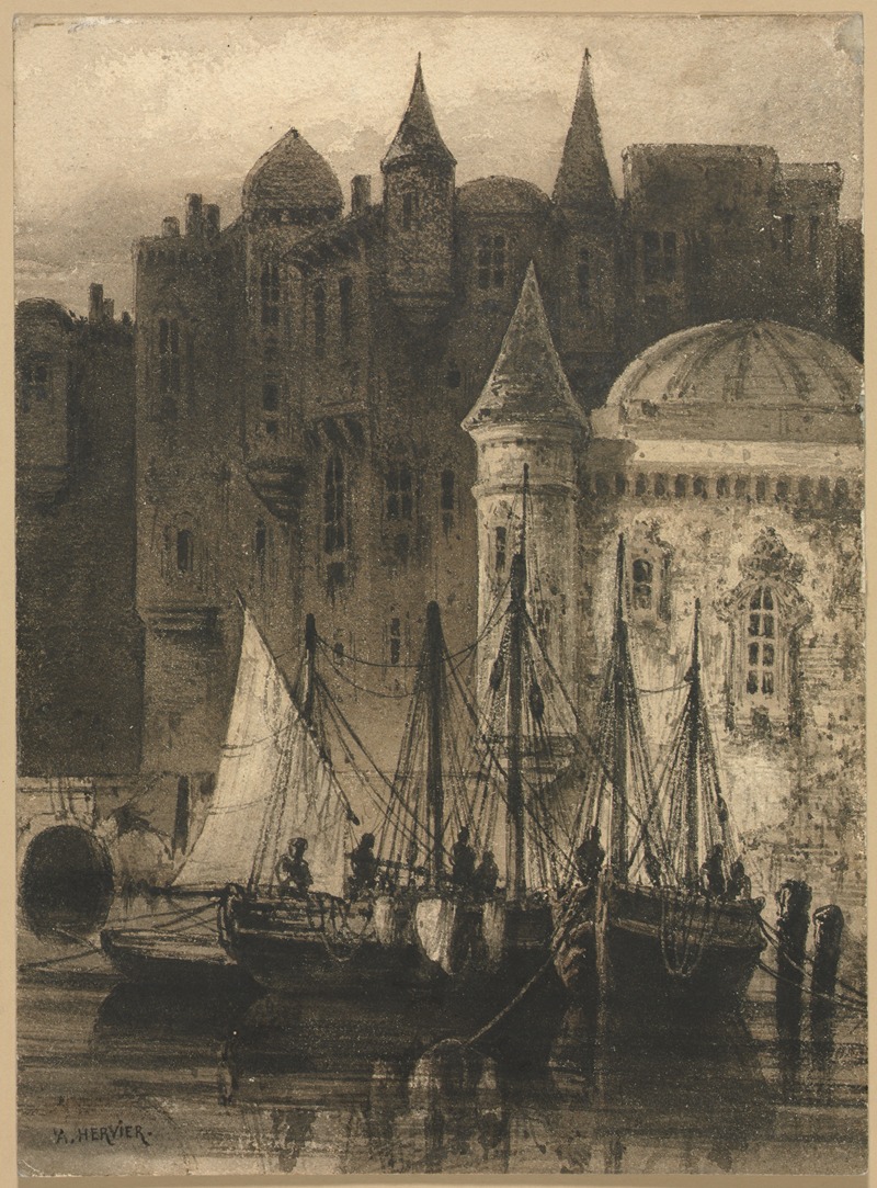 Auguste Hervier - Harbor Scene with Boats and Castle