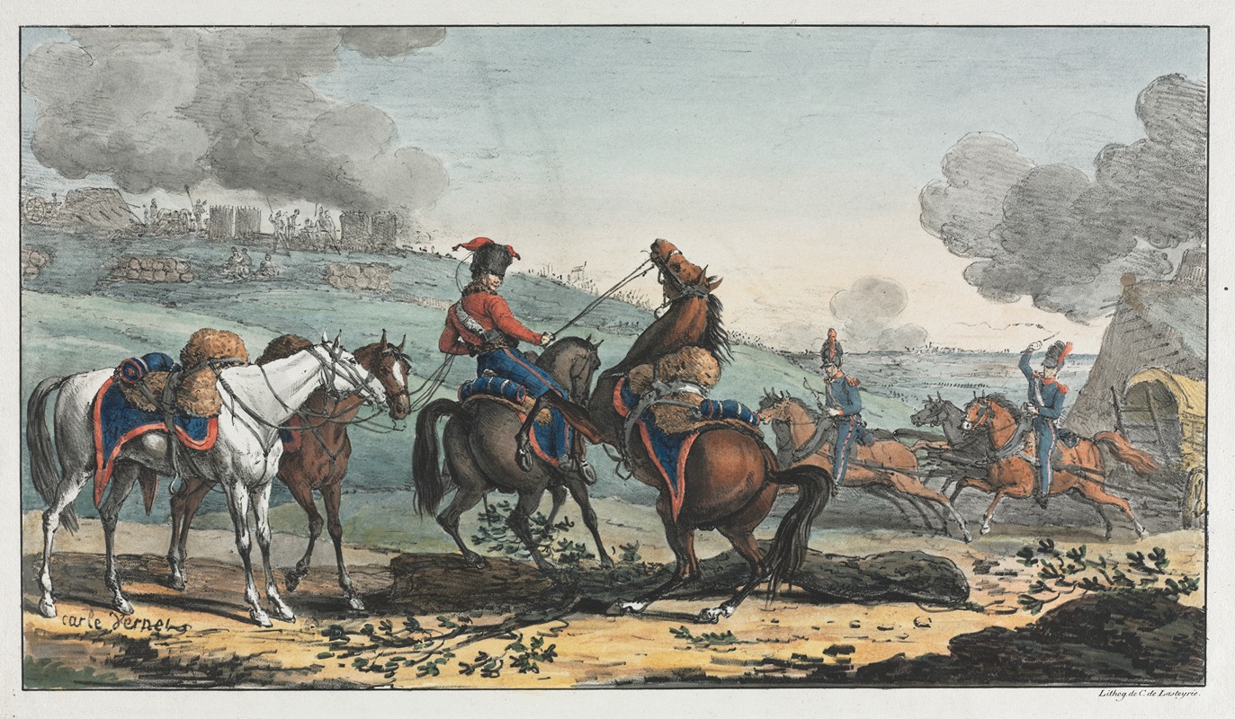 Carle Vernet - Mounted Artilleryman Leading Three Horses