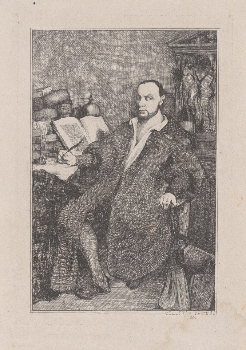 Celestin Nanteuil - Seated Man with Quill in his Right Hand at Desk Littered with Books