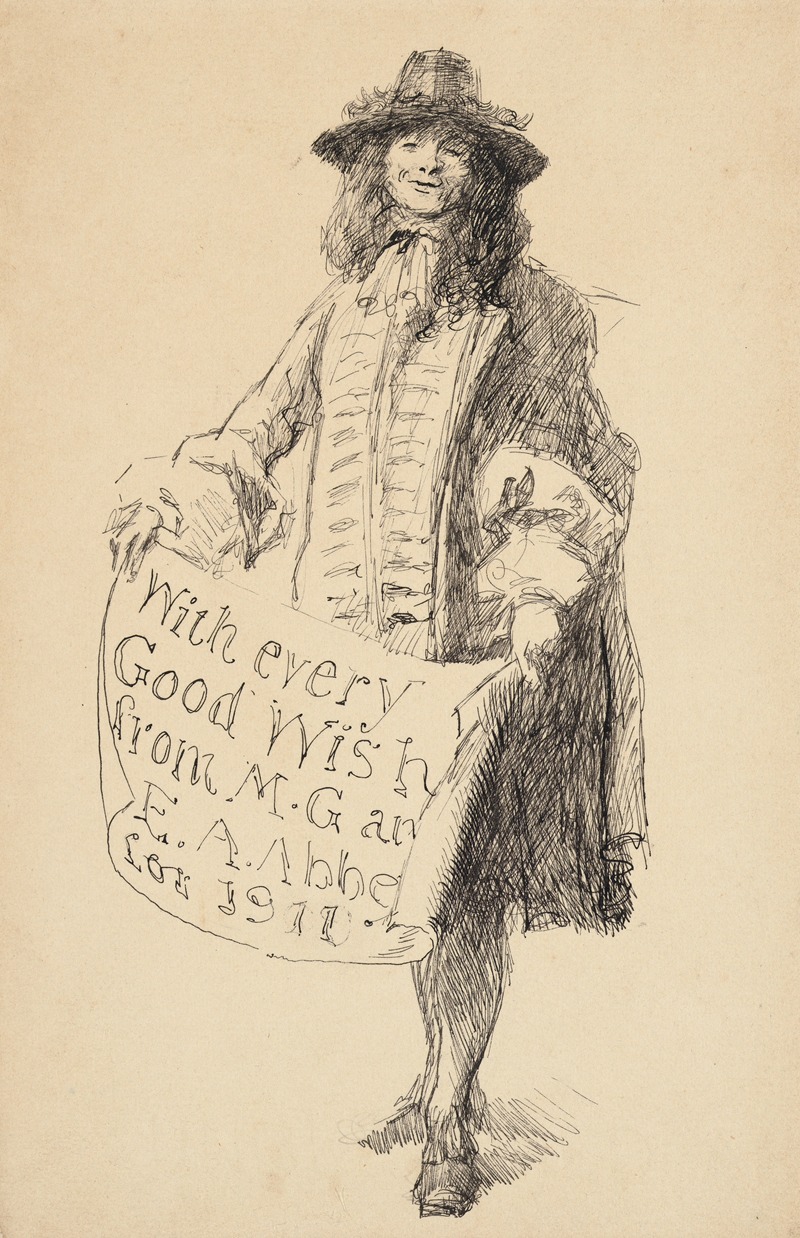 Edwin Austin Abbey - Man in seventeenth-century dress holding a scroll; With every Good Wish from M. G. and E. A. Abbey for 1911