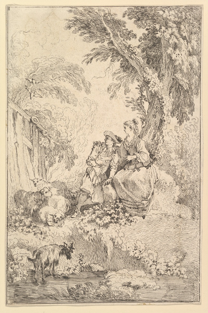 François Boucher - Surprised Young Couple Under a Tree