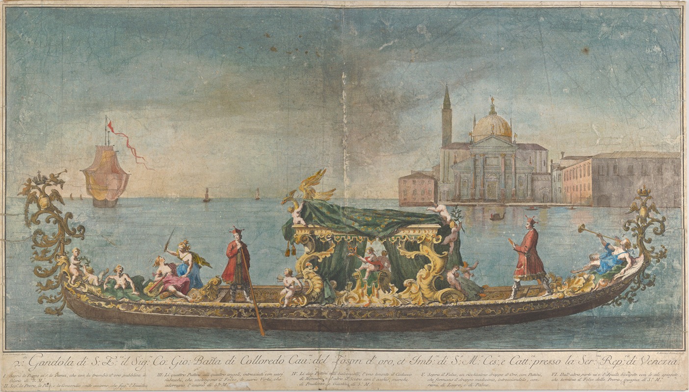 Giovanni Antonio Faldoni - The highly ornamented second gondola of Ambassador Giovanni Battista Colloreado entering Venice