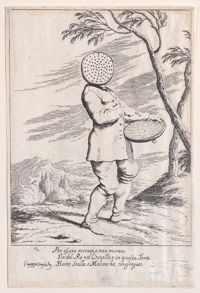 Giuseppe Maria Crespi - Plate 2; Bertoldo holding a tart in his hand and wearing a sieve on his head