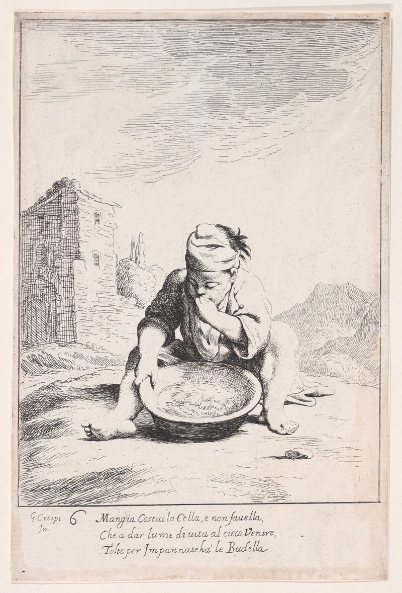 Giuseppe Maria Crespi - Plate 20; Cacasenno eating a bowl of pasta