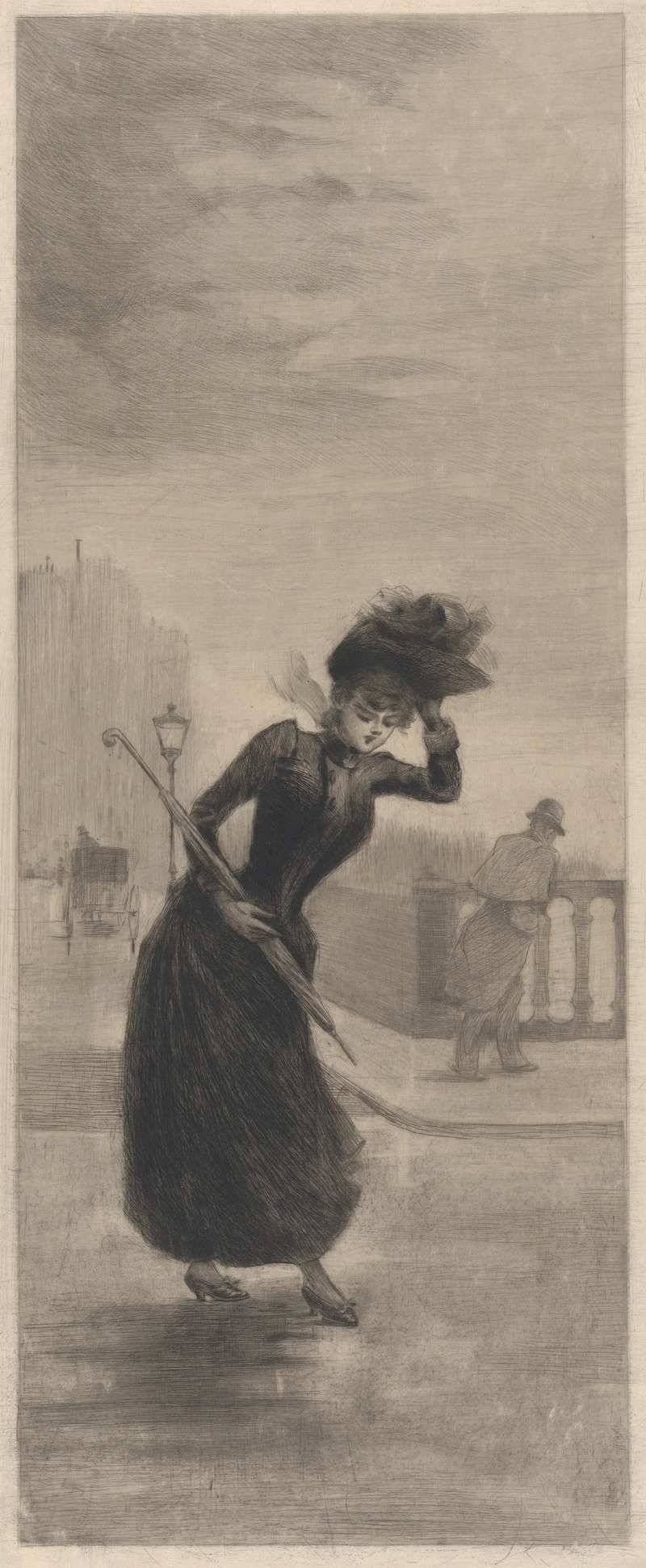 Henri Boutet - Woman Walking in the Wind Holding an Umbrella