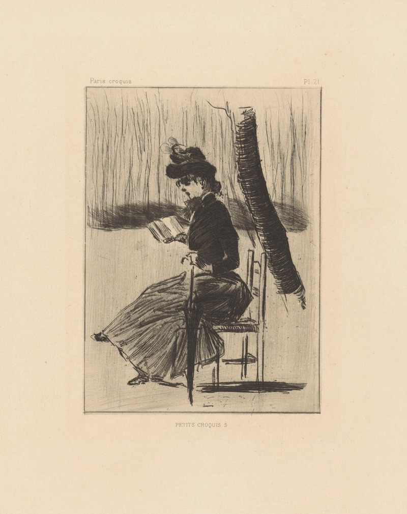 Henri Boutet - Woman with a book and umbrella on a chair outside