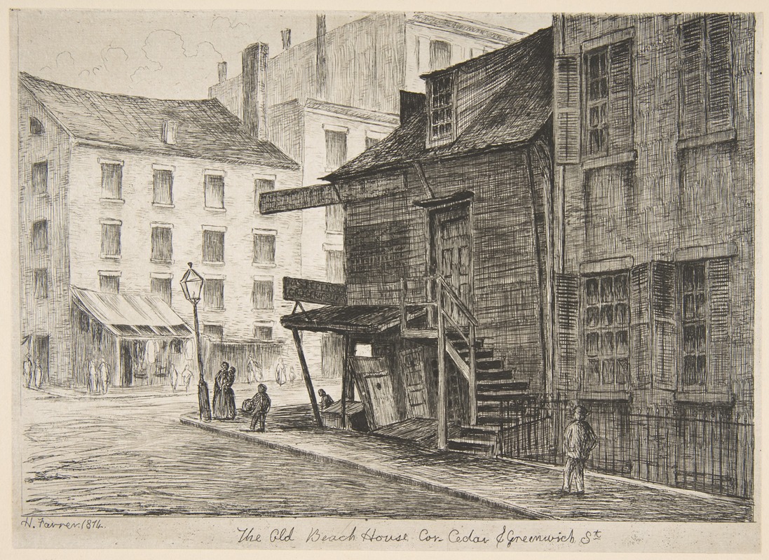 Henry Farrer - The Old Beach House, Corner of Cedar and Greenwich Streets, from ‘Scenes of Old New York’.