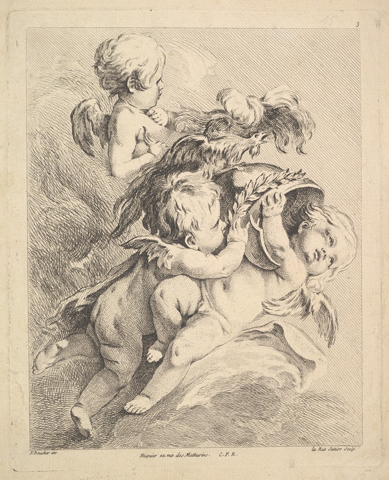 Louis-Felix de La Rue - Three Cupids Holding a Helmet (After F. Boucher)