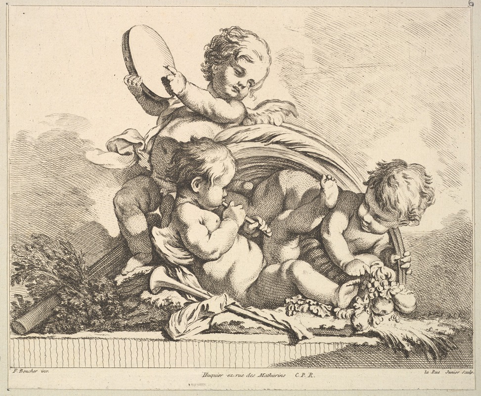 Louis-Felix de La Rue - Three Cupids, Two Playing Music, One Holding Palm Leaves (After F. Boucher)