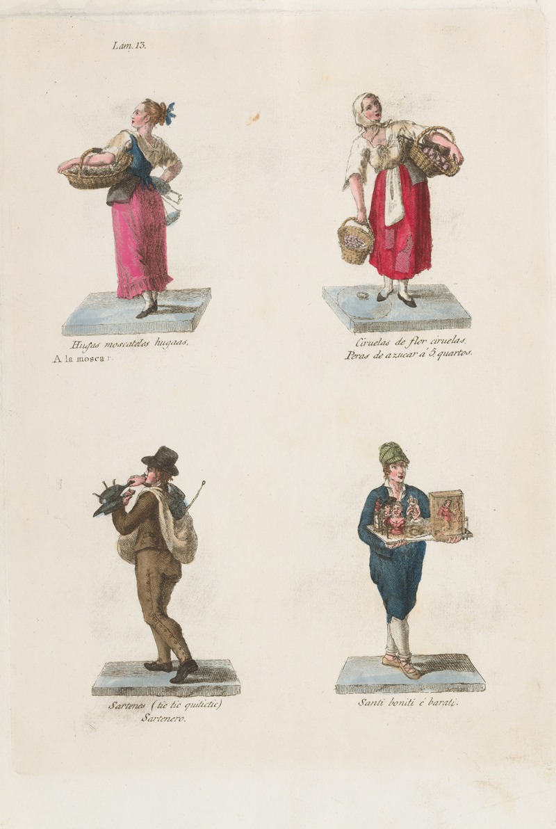 Miguel Gamborino - Plate 13; four street vendors from Madrid selling muscat grapes, plums, pans and pop-up saints