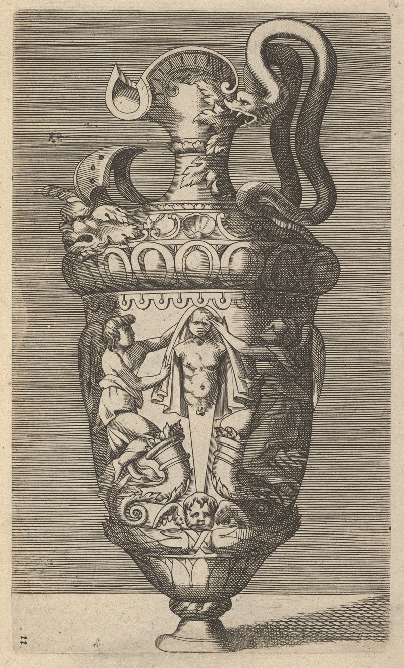 René Boyvin - Vase with Two Winged Figures Draping a Term