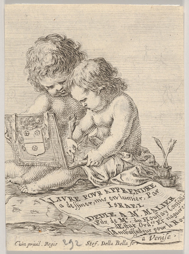 Stefano Della Bella - Plate 1; two children sitting on the ground, the child on the right drawing while the child on the left holding the album