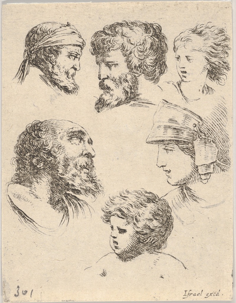 Stefano Della Bella - Plate 10; six heads, three bearded men, one soldier, and two children