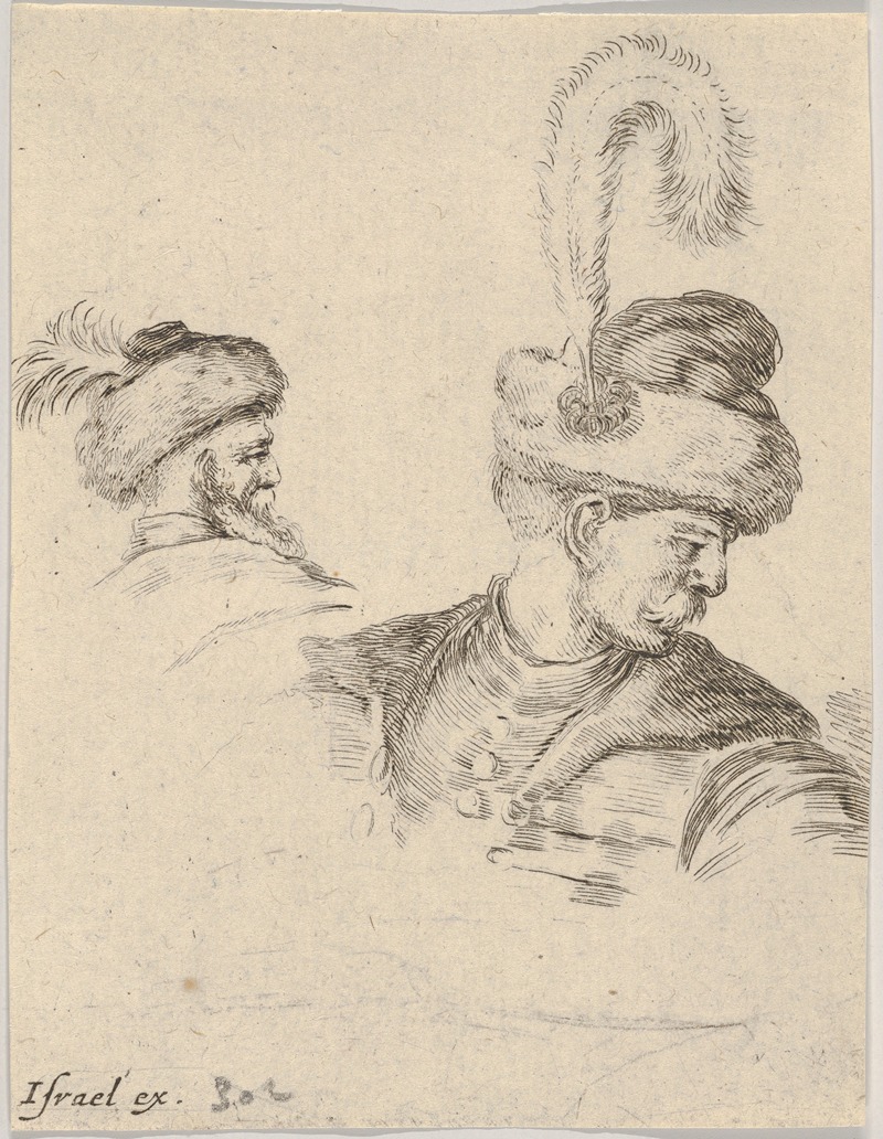 Stefano Della Bella - Plate 11; a Polish bust in profile, turned to the right, another Polish head seen from behind in the background