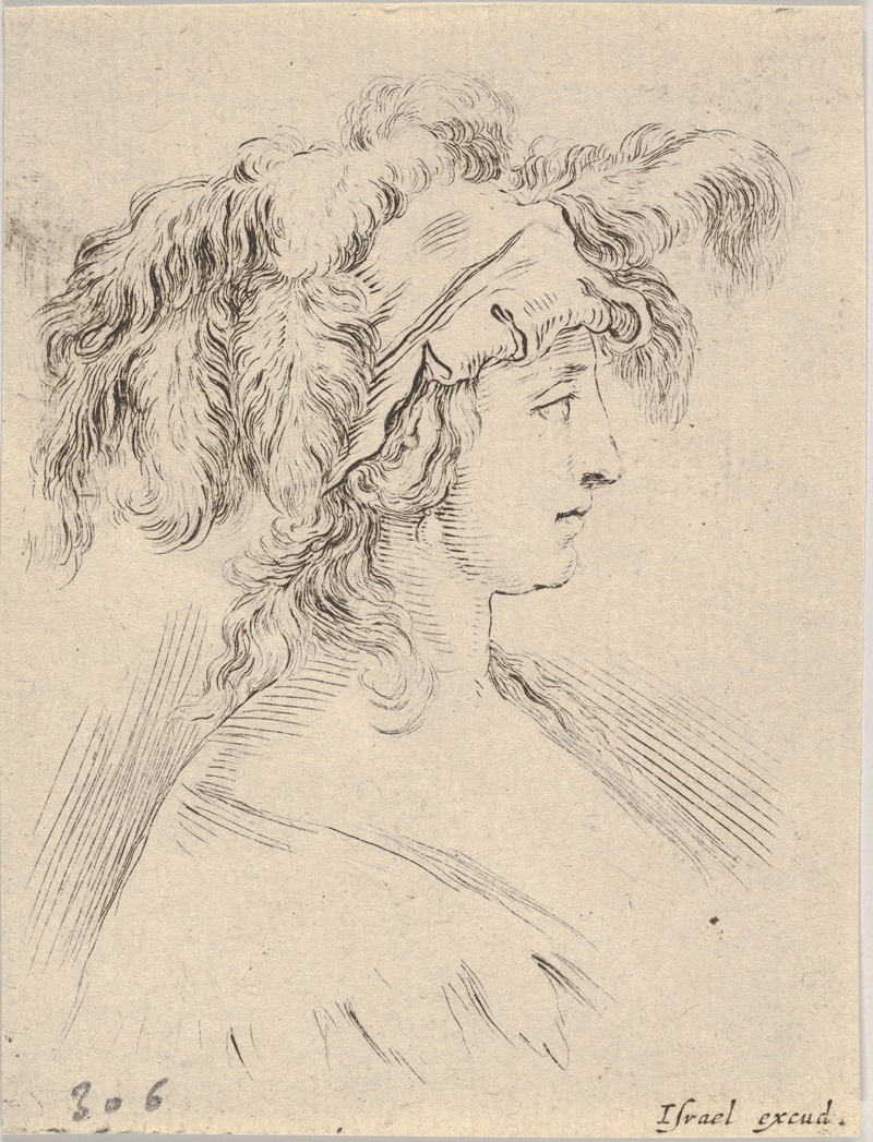 Stefano Della Bella - Plate 15; mid-bust of a young woman in profile wearing a hat topped with feathers