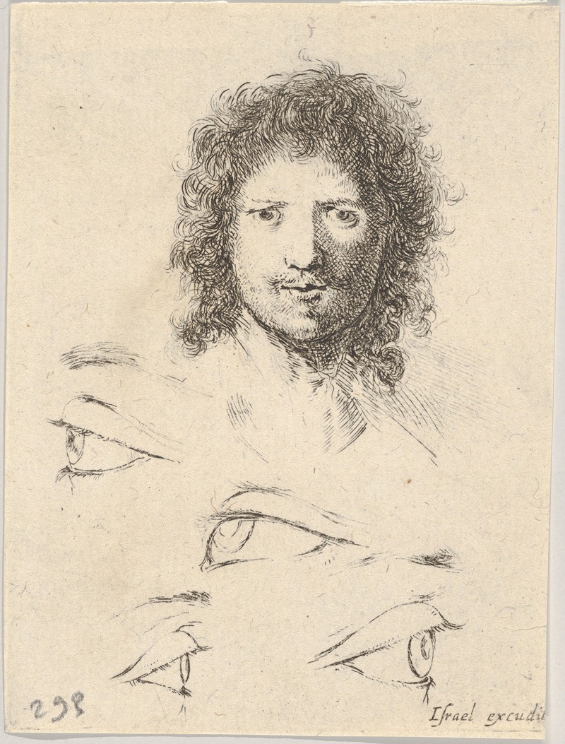 Stefano Della Bella - Plate 2; at top, the head of a young man, frontal view, at bottom, four eyes