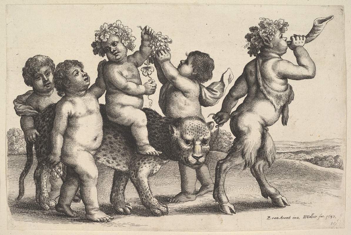 Wenceslaus Hollar - Four boys, a young satyr, and a leopard