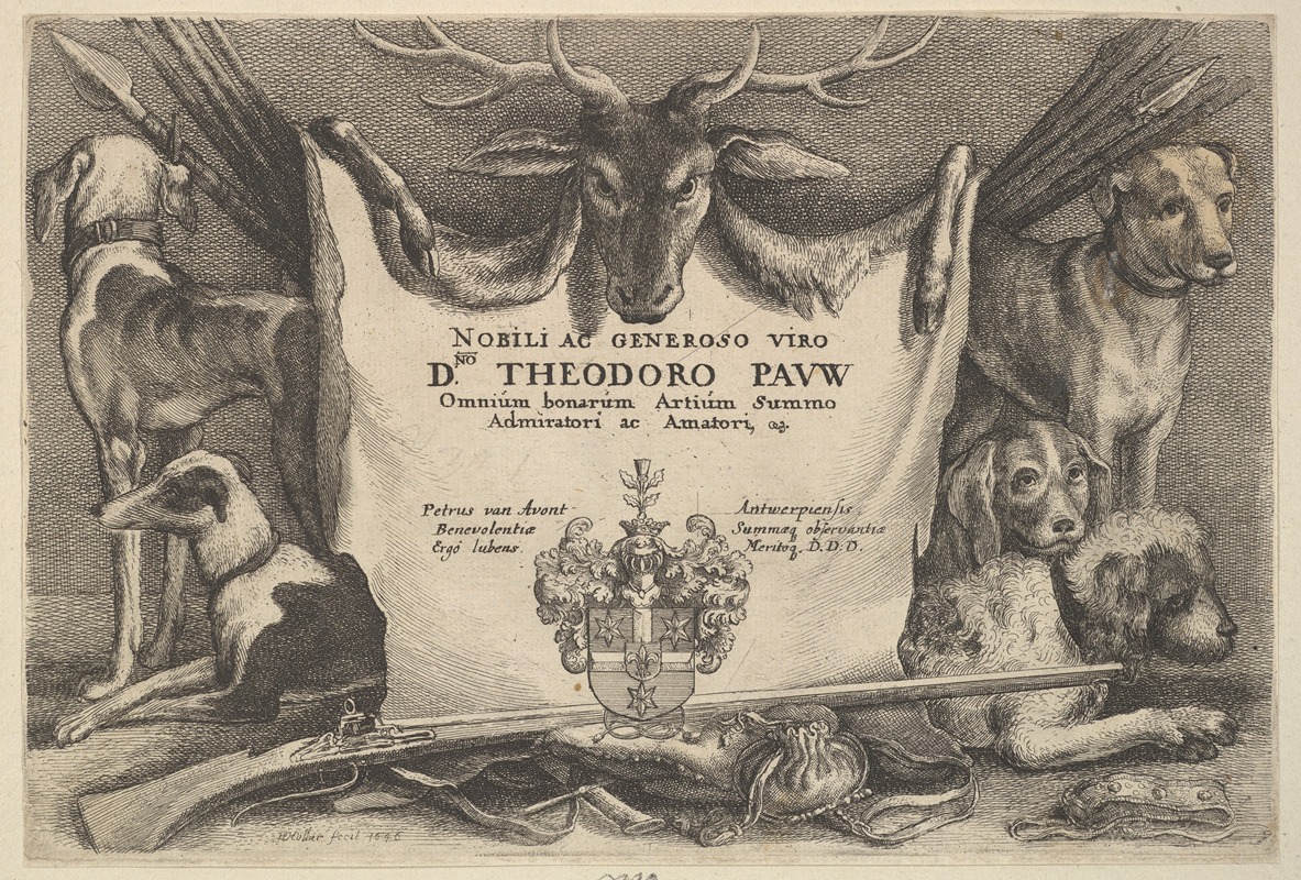 Wenceslaus Hollar - Titlepage with hounds and hunting equipment