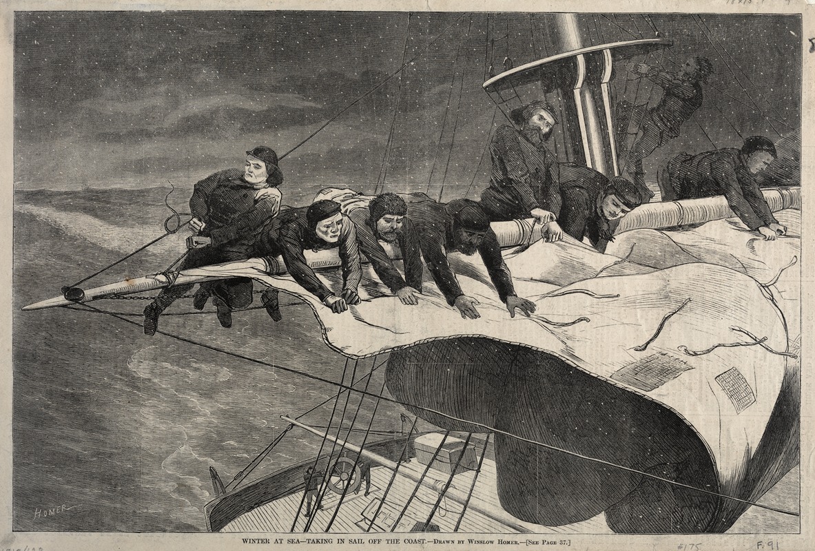 Winslow Homer - Winter at Sea – Taking in Sail Off the Coast