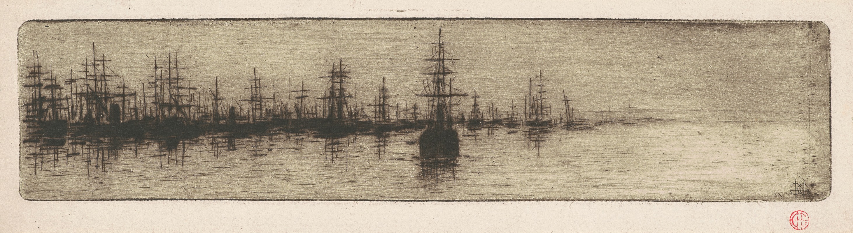 Henri-Charles Guérard - Tall Ships in a Harbor