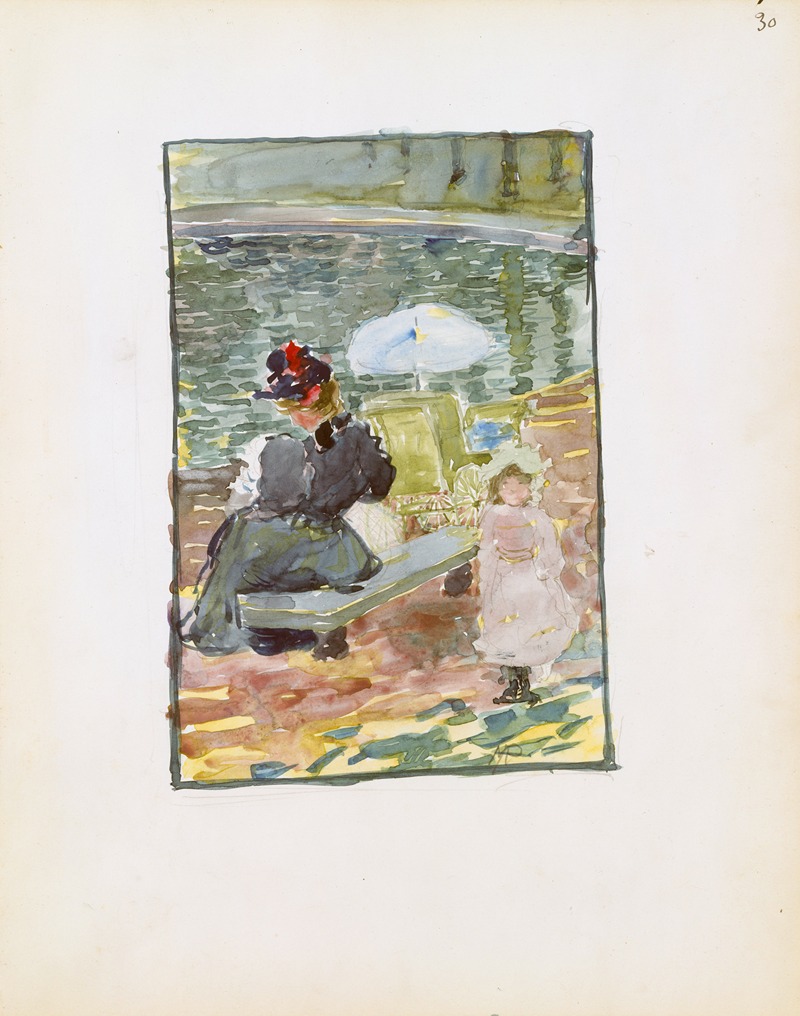 Maurice Prendergast - A mother sitting at the edge of a pond with her baby and a young daughter