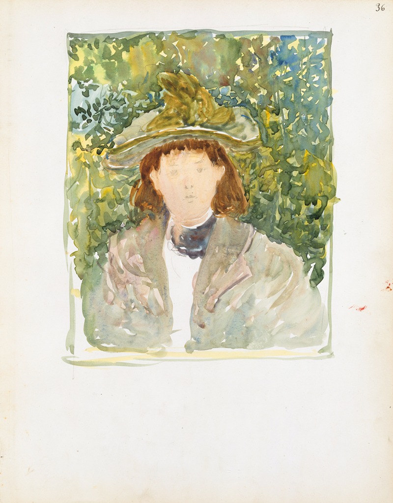 Maurice Prendergast - A woman with red hair wearing a green plumed hat.