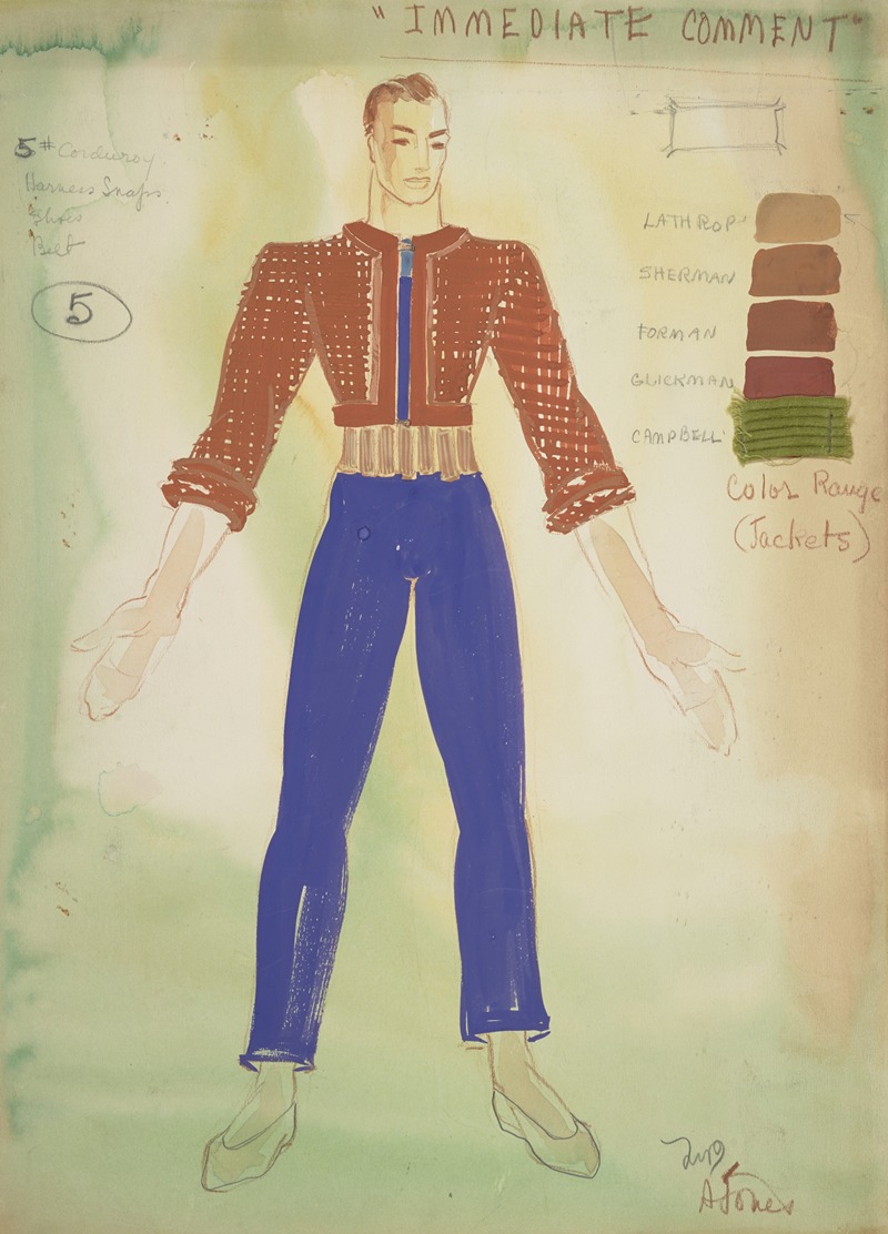 Alex Jones - Fantasy 1939: ‘Immediate Comment’ blue trousers, gold belt, brown knit jacket