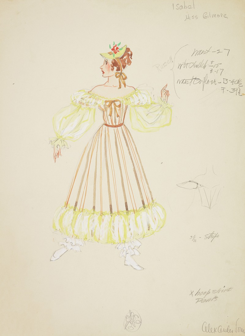 Alex Jones - Pirates of Penzance: Isabel. Brown striped gown with yellow sleeves and hem