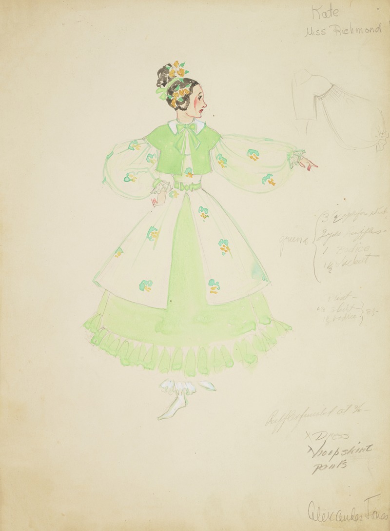 Alex Jones - Pirates of Penzance: Kate. Patterned cream dress with green underskirt, and green coat