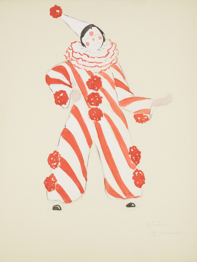 Anonymous - Runaway Clown: Orange and white clown jumper with large orange puff balls, white ruff, and white conical hat