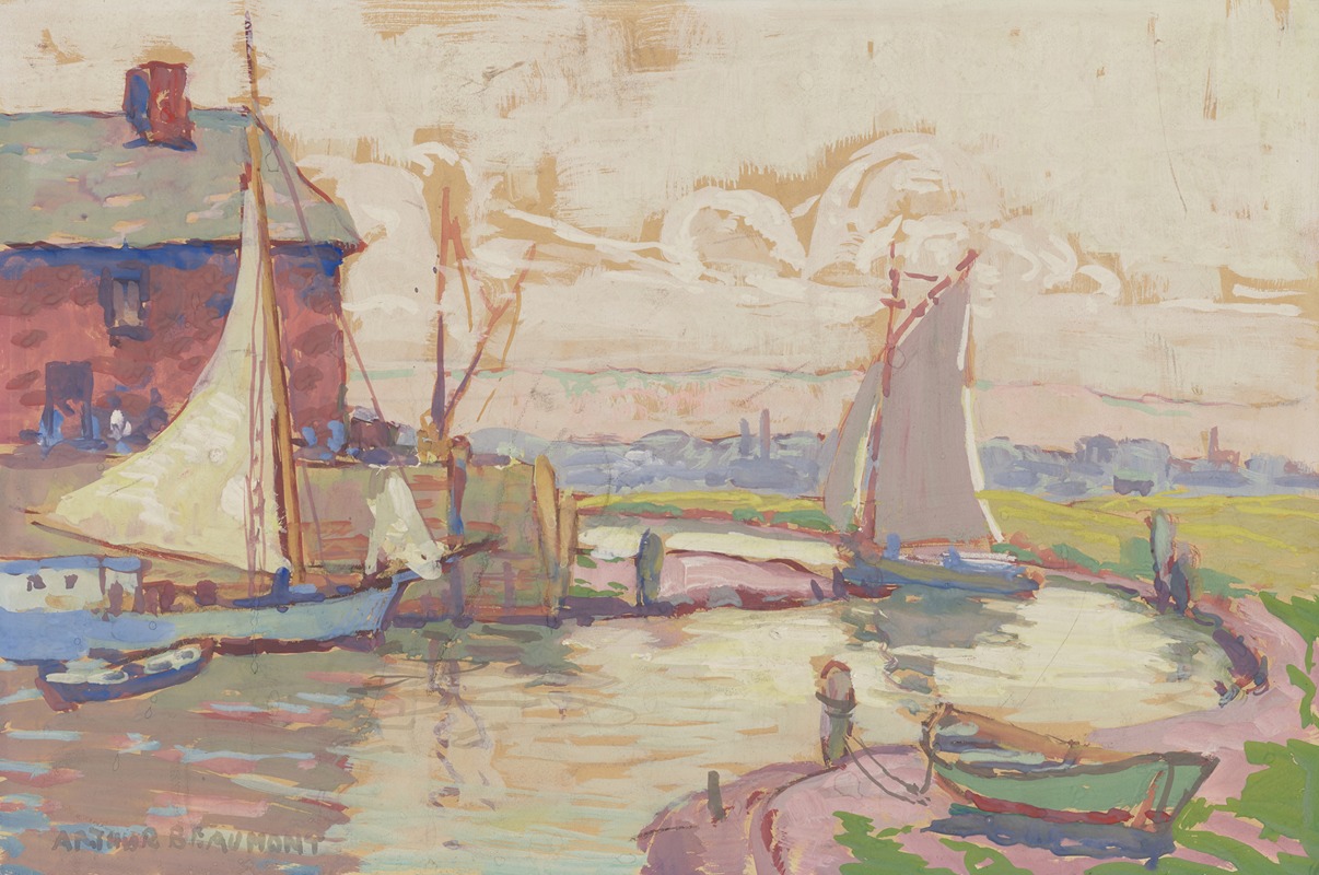 Arthur Beaumont - Painting of Sailboats in Harbor against Pastel Sky