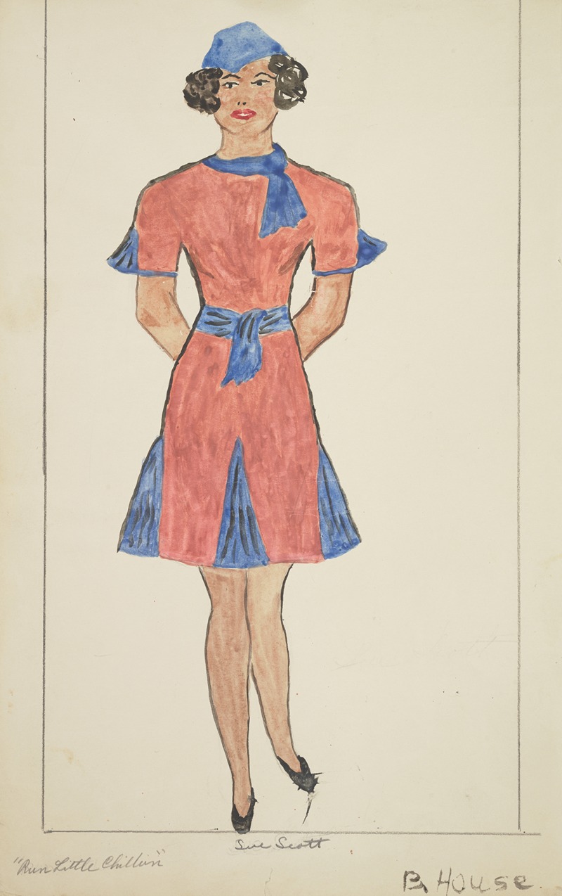 B. House - Run Little Chillun: Sue Scott. Short red dress with blue panels, and matching blue cap