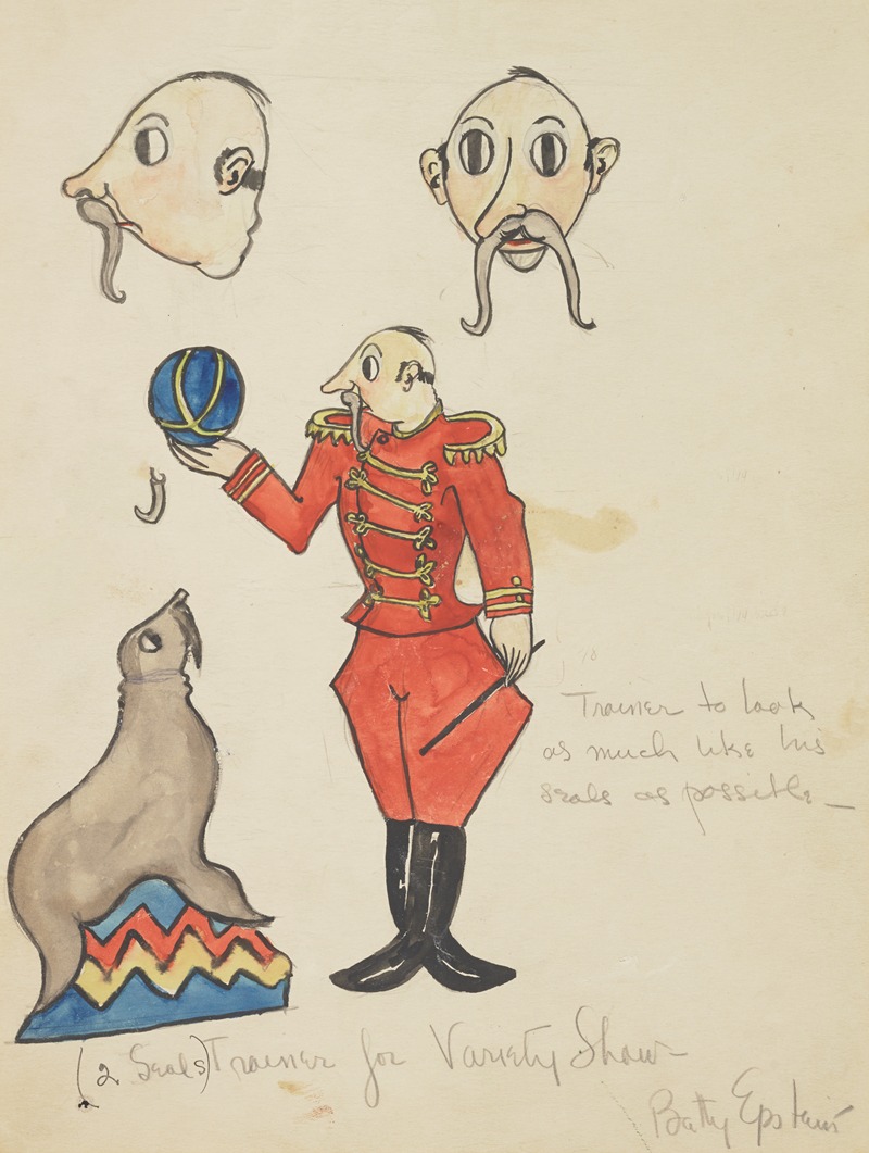 Betty Epstein - String Fever(marionette): Grey Seal. Seal Trainer with red military uniform, ball and stick