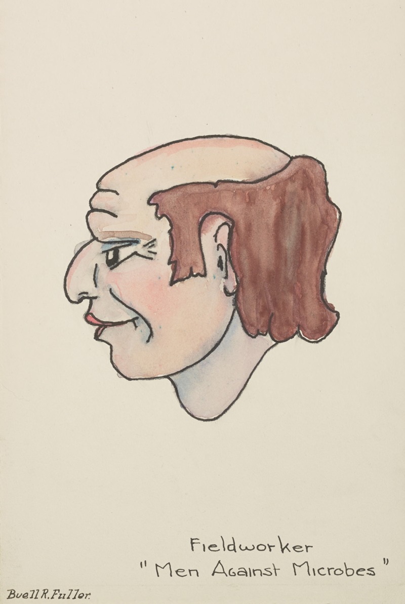 Buell Fuller - Men Against Microbes(Marionettes): Fieldworker head with pink lips and balding brown hair