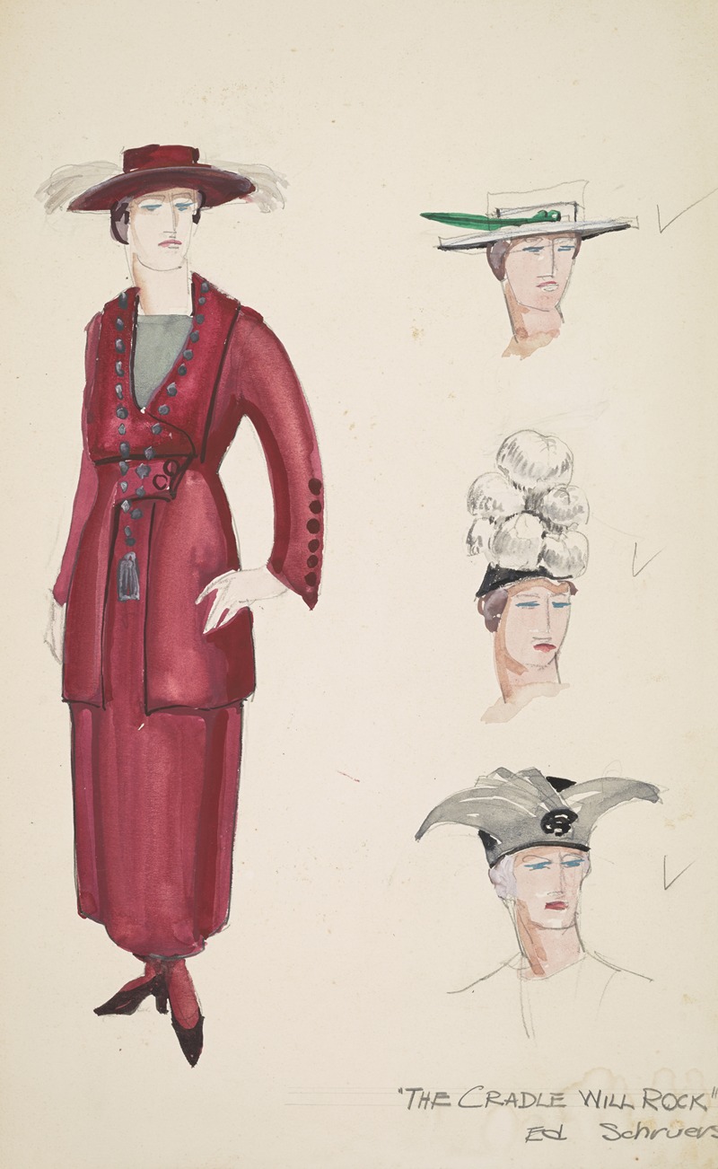 Edwin Schruers - The Cradle Will Rock: Red women’s suit with matching hat and three alternate hats