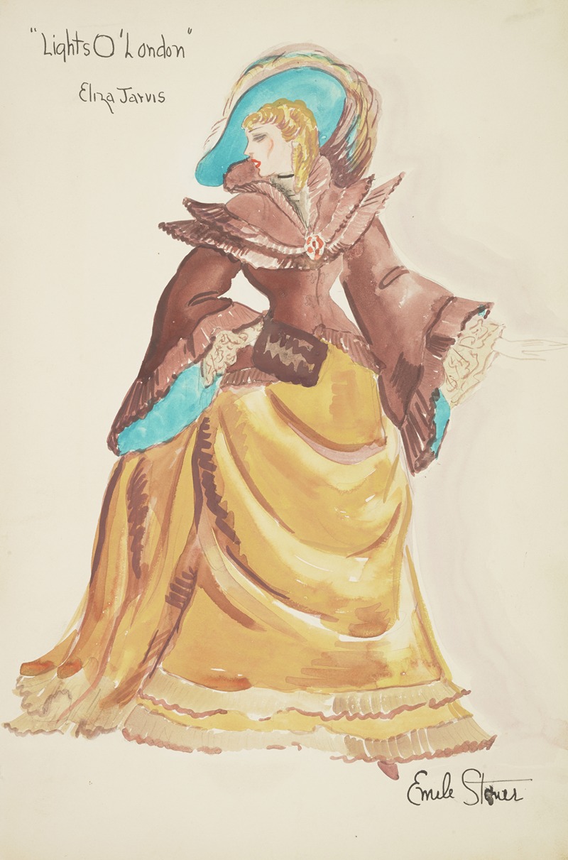 Emile Stoner - Lights O’ London: Eliza Jarvis yellow skirt with bustle, brown teal-lined coat