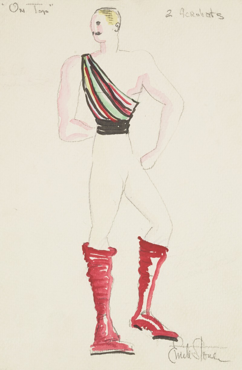 Emile Stoner - On Top: 2 Acrobats. White trousers, red boots, and multicolored top