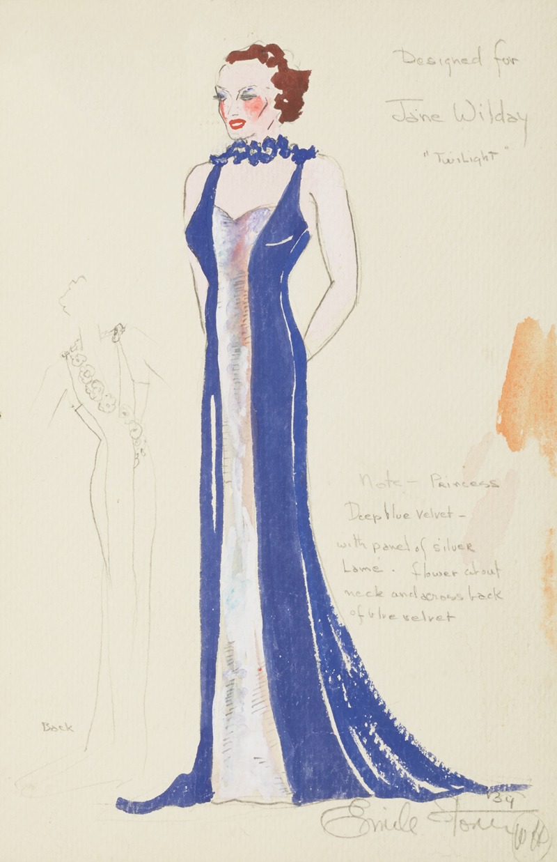 Emile Stoner - On Top: Designed for Jane Wilday ‘Twilight’, Blue evening gown with silver panel and flowered neck