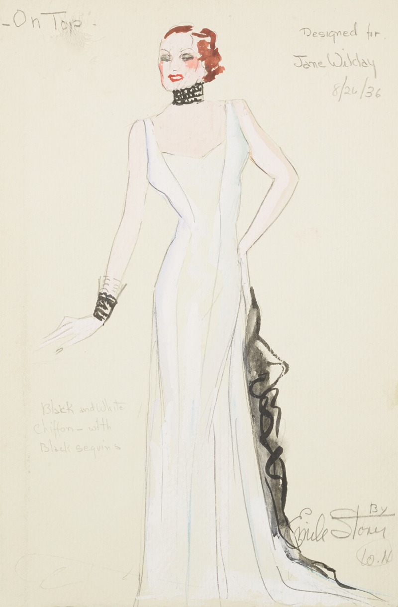 Emile Stoner - On Top: Designed for Jane Wilday. White gown with black ruffle and black collar and cuff